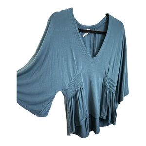 Free People Teal Boho Flowy Smocked Hem V Neck Oversized Small Top Cottagecore